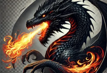 DALL·E 2024-11-13 16.01.06 - A fierce black dragon breathing fire, shown in a highly detailed fantasy style. The dragon's scales are dark and glistening, with intense orange and r