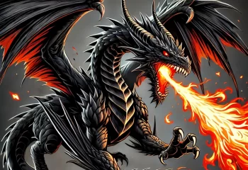 DALL·E 2024-11-13 16.03.04 - A fierce black dragon breathing fire, with an intimidating look and sharp scales. The dragon is shown in a dramatic, high-energy pose, wings spread wi